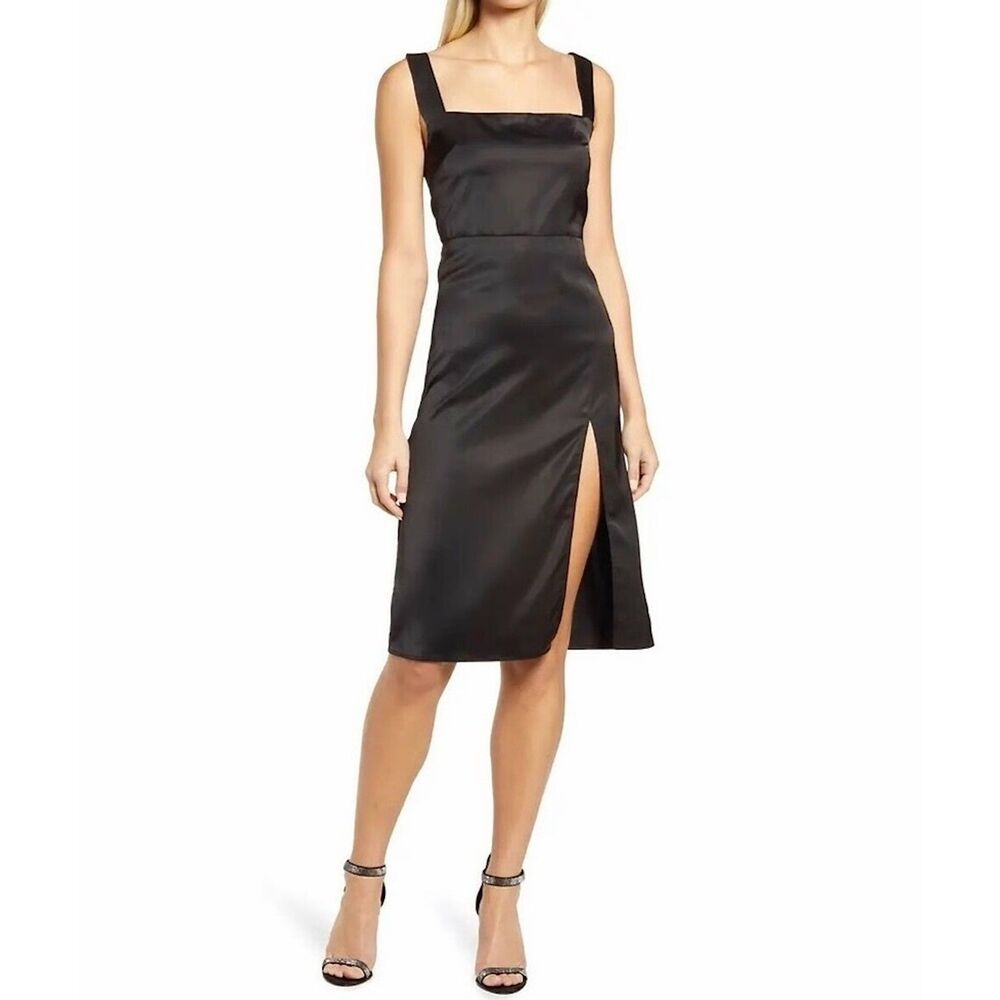 NWT Prim Black Satin Square Neck Side Slit Midi Date Night /Cocktail Dress, Sz S